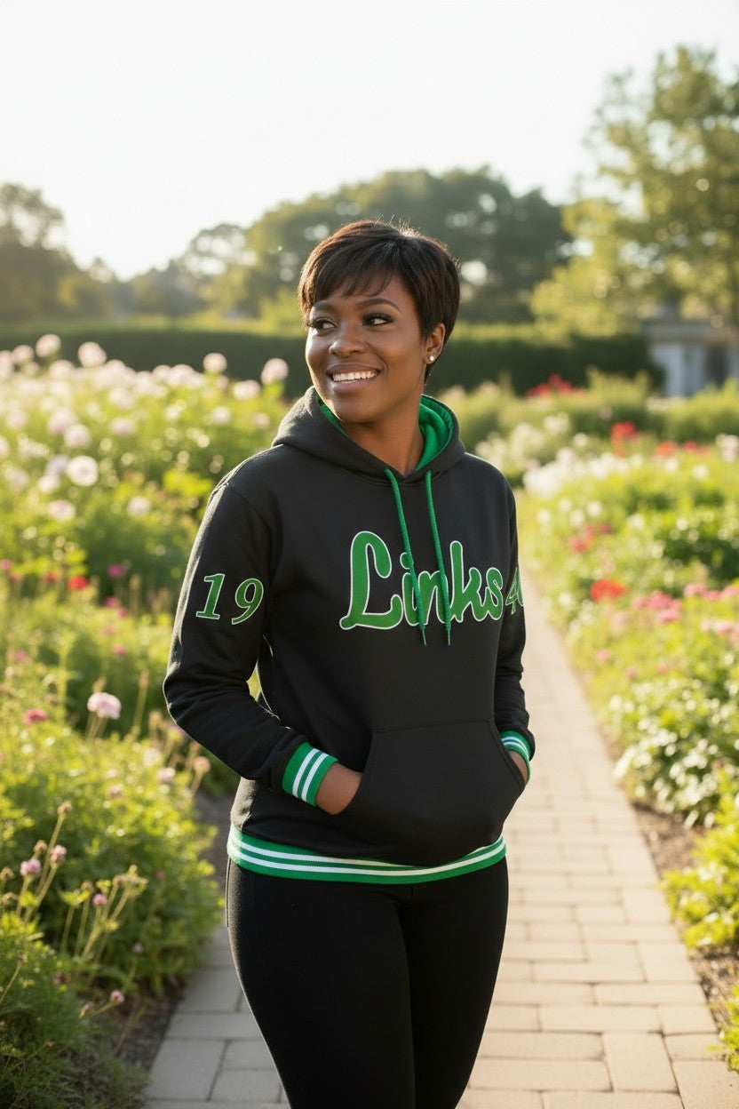 Ooh Soo Crafty LLCH black hoodie with green "Links" graphic on chest, "19" on sleeve, and green striped cuffs and hem.