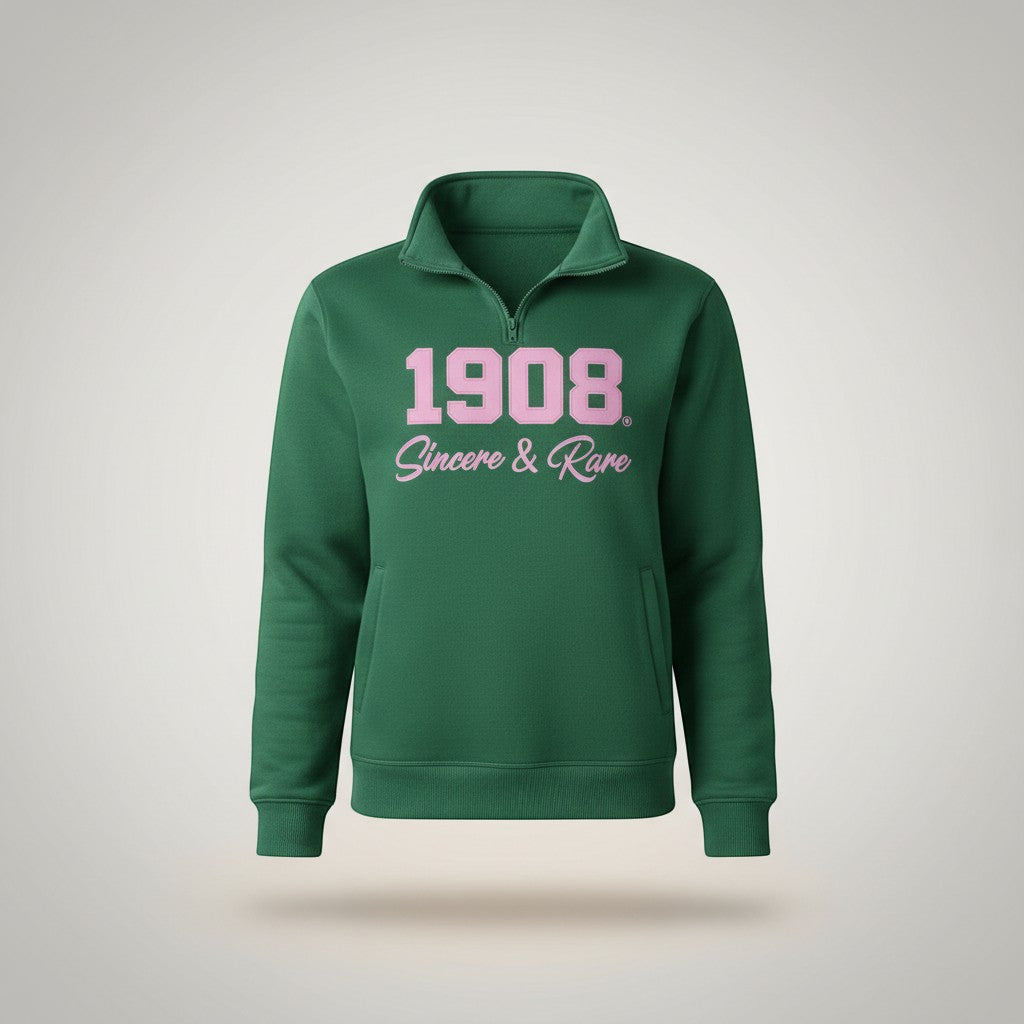 Ooh Soo Crafty LLCH green quarter zip sweatshirt with pink 1908 Sincere & Rare graphic. Features a front pocket and classic quarter-zip neckline.