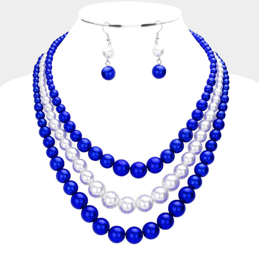 Triple Layered Pearl Necklace-Blue & White