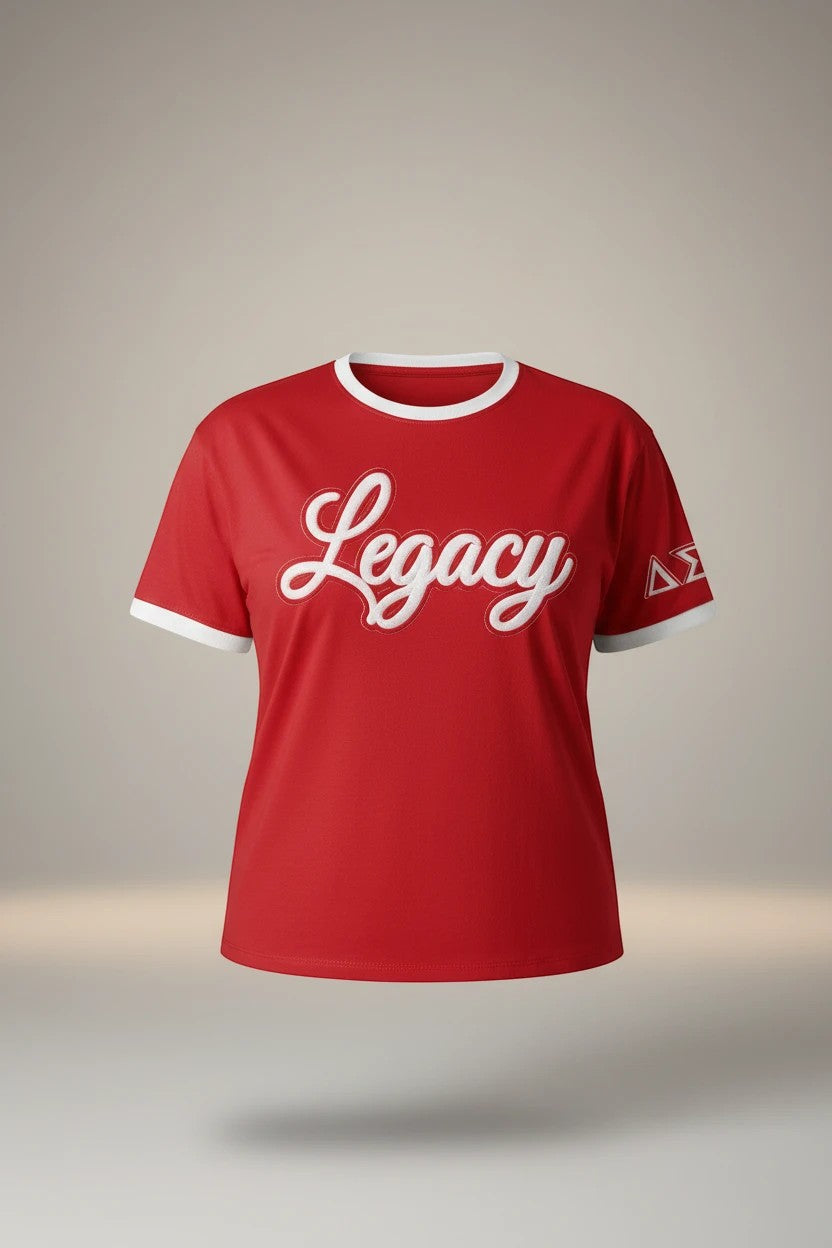 Ooh Soo Crafty LLCH red ringer t-shirt with white trim, "Legacy" graphic and embroidered Greek letters ΔΣ on sleeve.