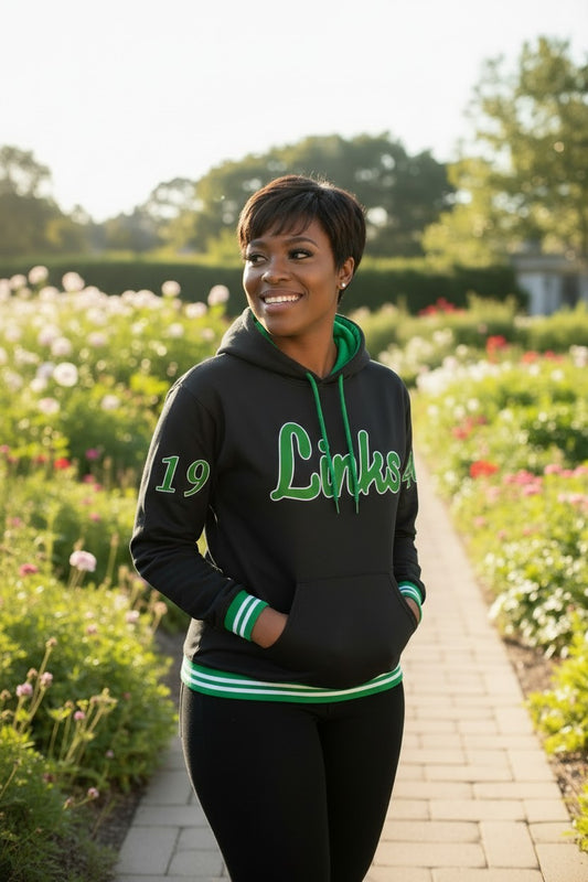 Ooh Soo Crafty LLCH black hoodie with green "Links" graphic on chest, "19" on sleeve, and green striped cuffs and hem.