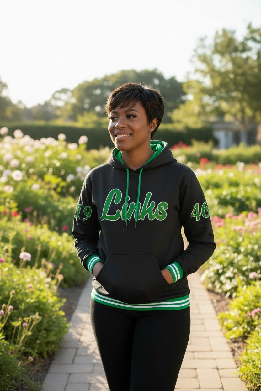 Ooh Soo Crafty LLCH black hoodie with green "Links" graphic on chest, "19" and "46" on sleeves, and green hood lining.