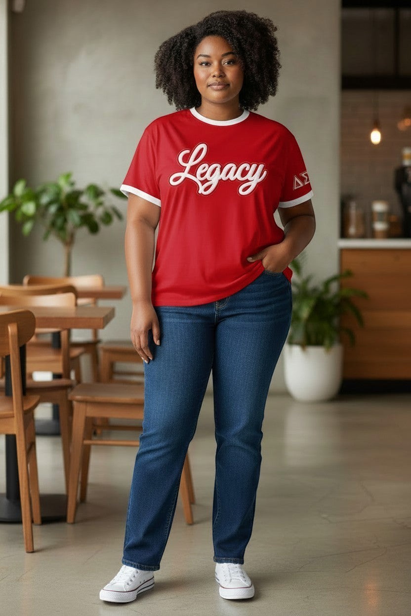 Ooh Soo Crafty LLC red ringer t-shirt with white trim, "Legacy" graphic and "ΔΣ" on sleeve. Model wears jeans.
