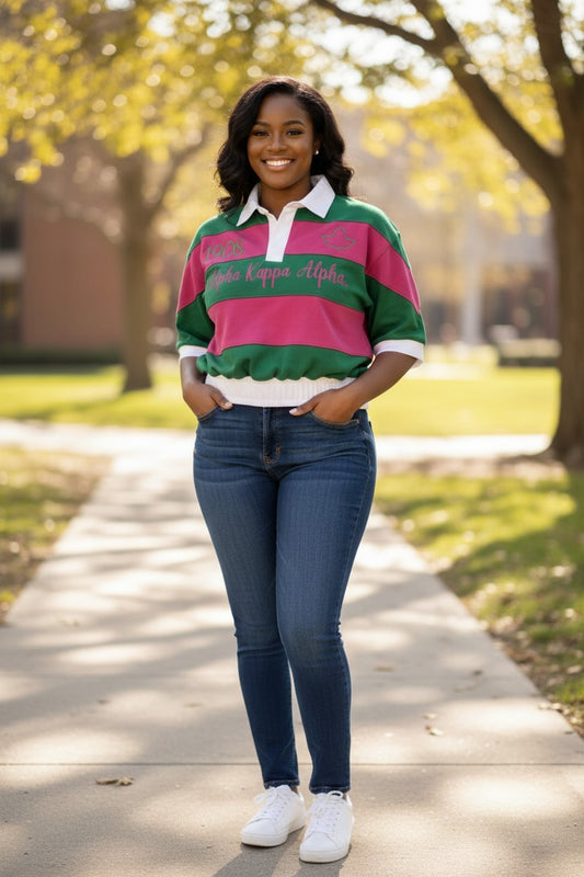 Ooh Soo Crafty LL C pink and green striped rugby shirt with embroidered Greek letters and white collar