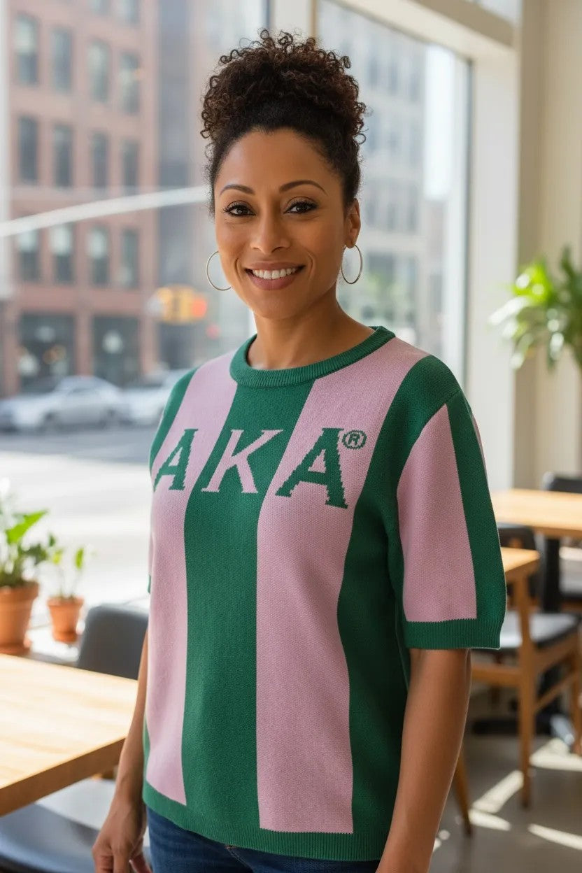 Ooh Soo Crafty LLCH AKA striped knit sweater in green and pink with short sleeves and bold lettering.