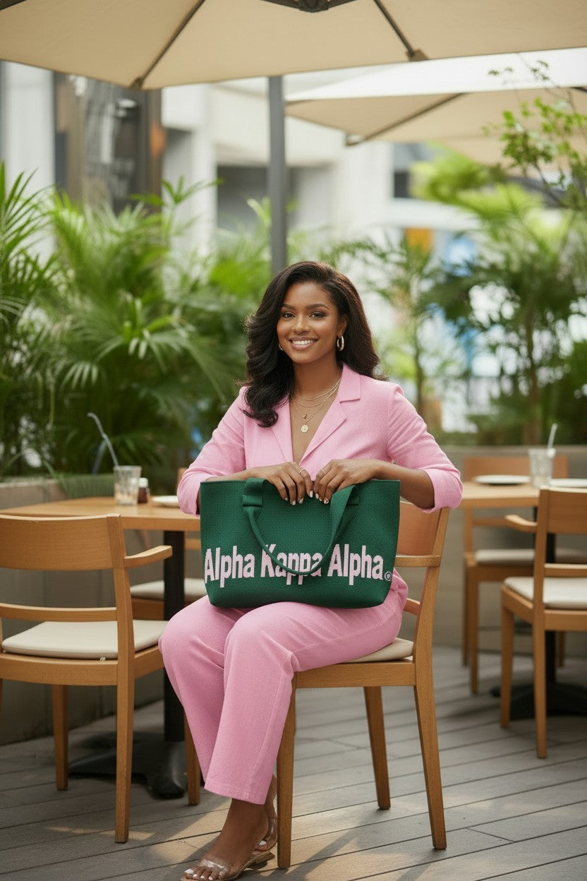 Ooh Soo Crafty LLCH Alpha Kappa Alpha sorority tote bag in forest green with white lettering, held by a woman in a pink suit.