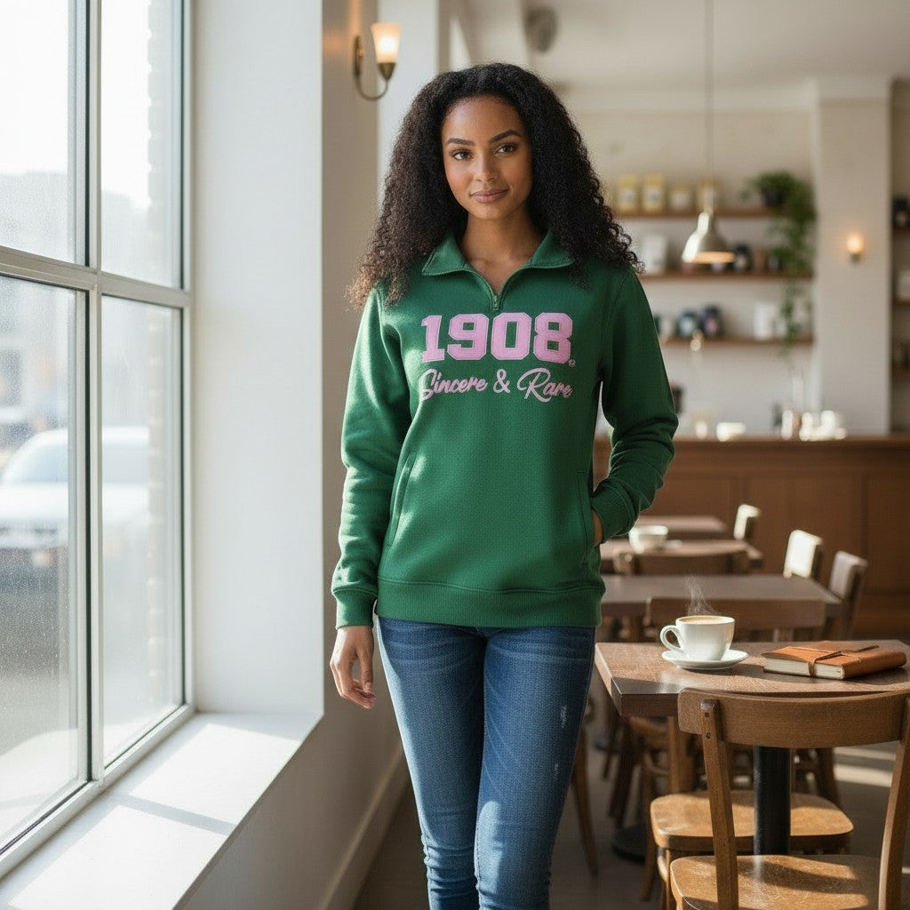 Ooh Soo Crafty LLCH green quarter zip sweatshirt with pink 1908 Sincere & Rare graphic. Relaxed fit with front pocket.