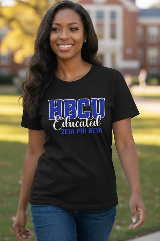 Ooh Soo Crafty LLCHBCU Educated Zeta Phi Beta black cotton t-shirt with blue and white lettering. Model wearing jeans outdoors.