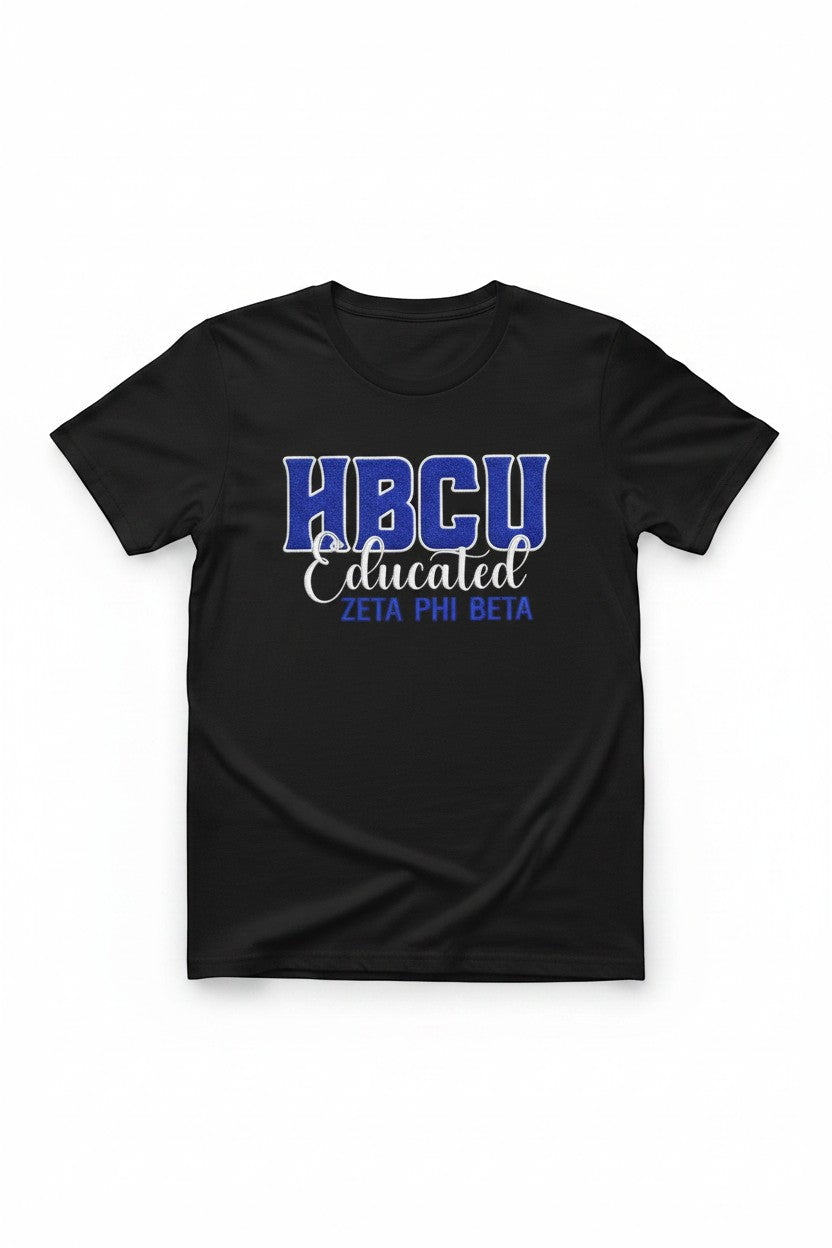 Ooh Soo Crafty LLCHBCU Educated Zeta Phi Beta black cotton t-shirt with blue and white lettering.