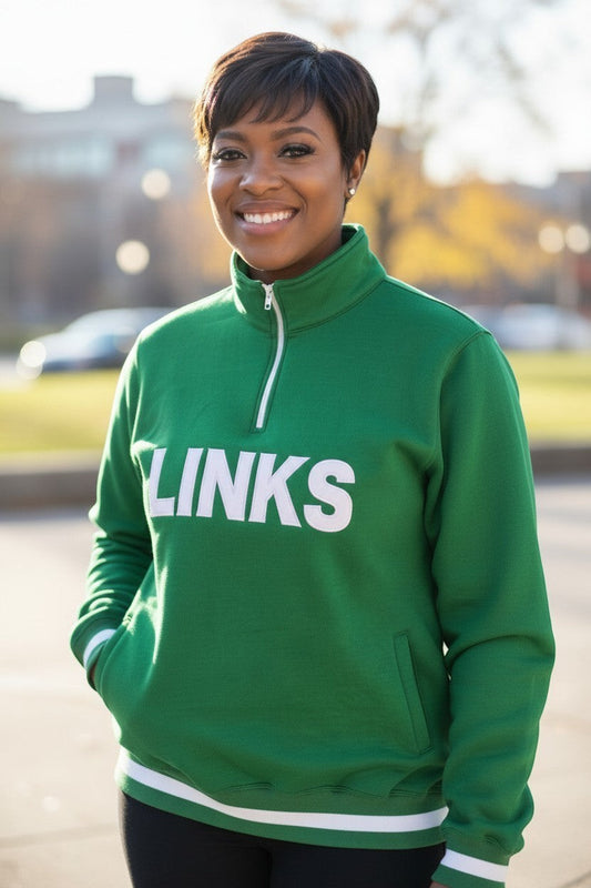 Ooh Soo Crafty LLC green quarter-zip pullover sweatshirt with white "LINKS" graphic, white striped cuffs and hem.